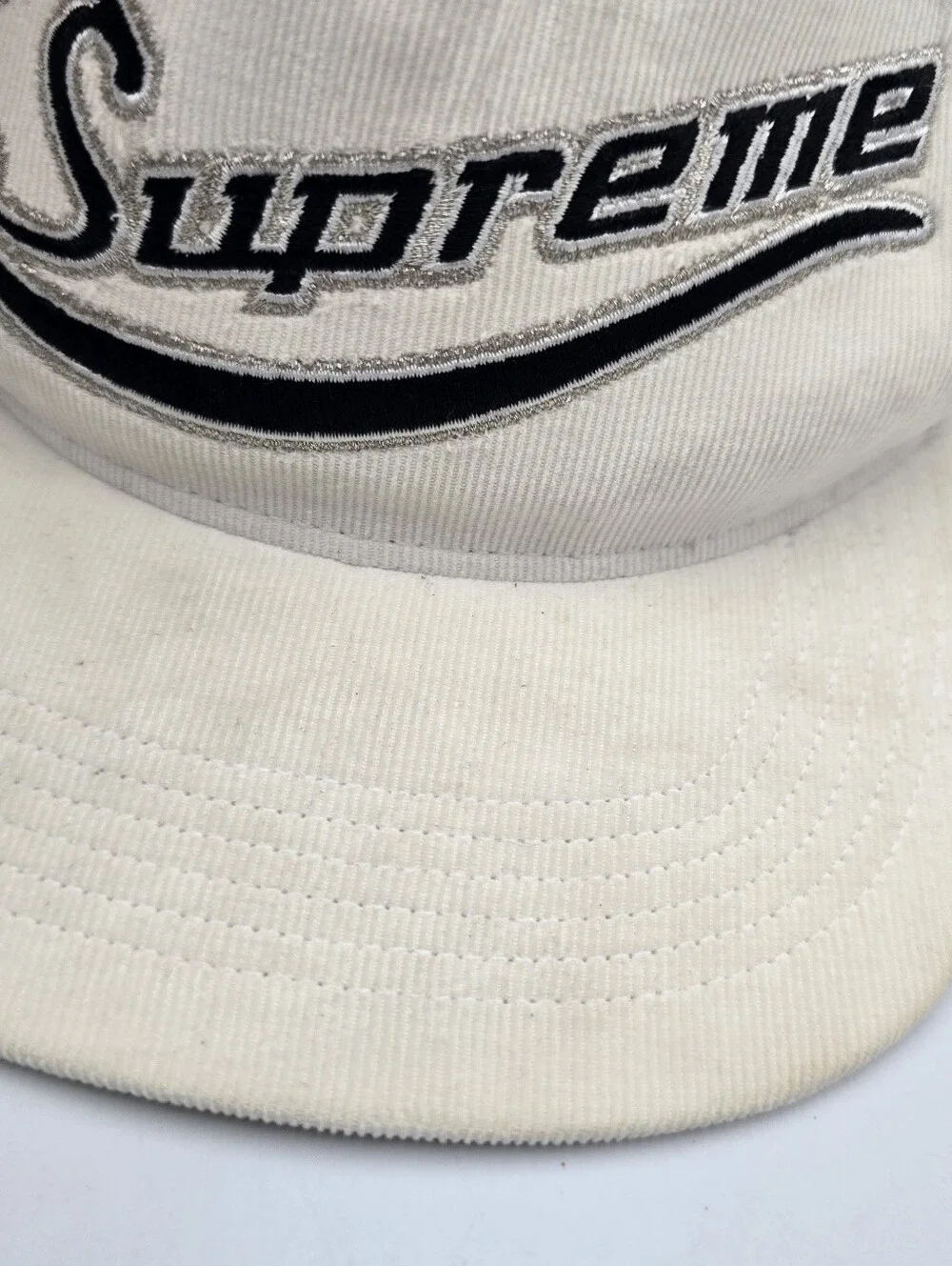 Supreme Cursive Logo White 5 Panel Corduroy Adjustable Snapback Hat